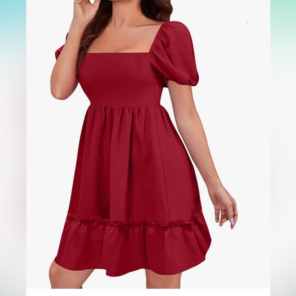AIMCOO Square Neck Puff Sleeve Sundress Solid Smocked Tiered Ruffle Short Dress